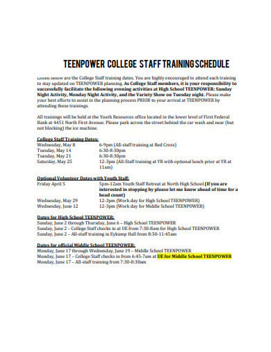 college staff training schedule