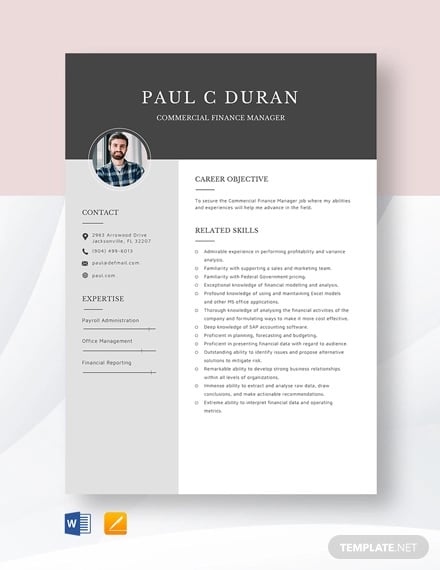 commercial finance manager resume template