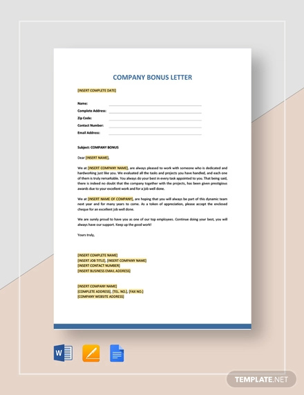 company bonus letter template