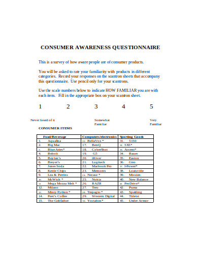 consumer awareness questionnaire template in doc
