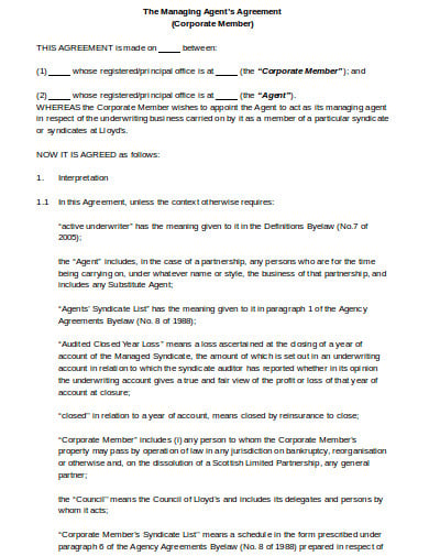 corporate managing agency agreement template
