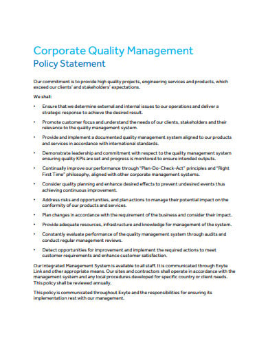 corporate quality management policy statement