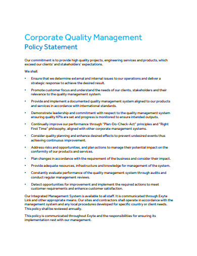 corporate quality management policy statement