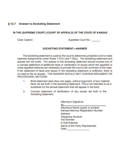 10 Docketing Statement Templates In PDF DOC