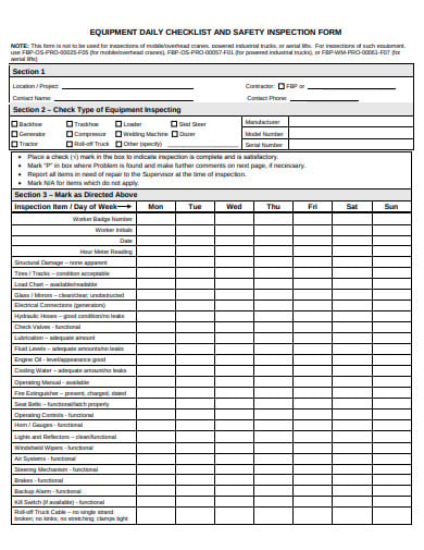 daily equipment safety inspection form template