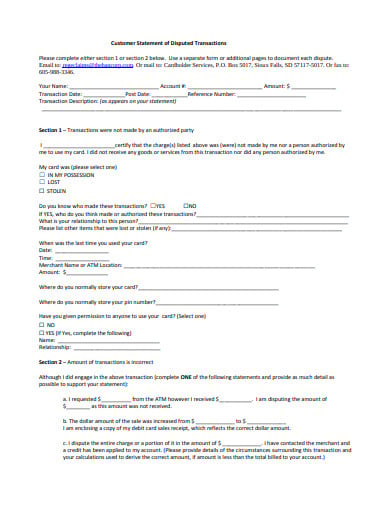 disputed transactions customer statement form template