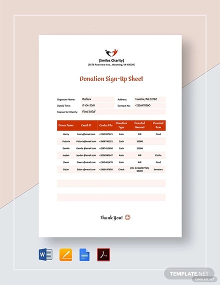 donation sign up sheet template