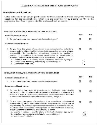 education assessment experience questionnaire template