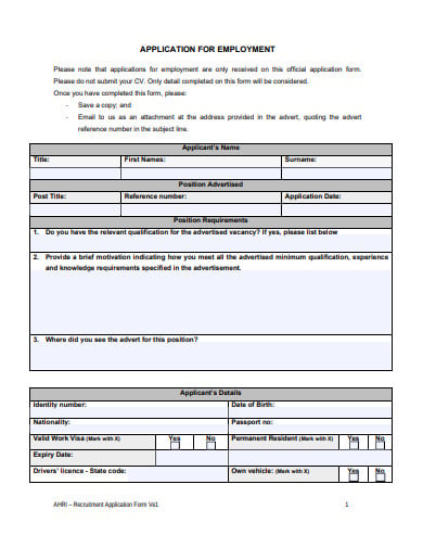 employment recruitment application form template