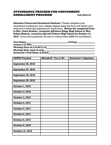 enrollment program attendance tracker template