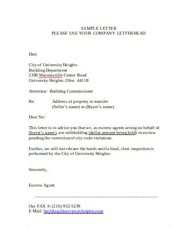 escrow agent letter
