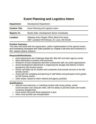event logistics intern planning template