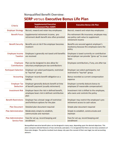 executive bonus life plan template