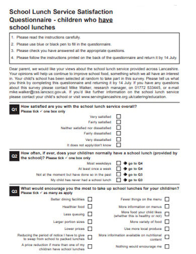 food service survey questionnaire sample