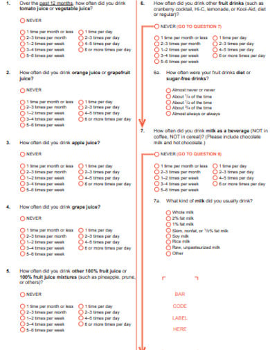 food questionnaire format