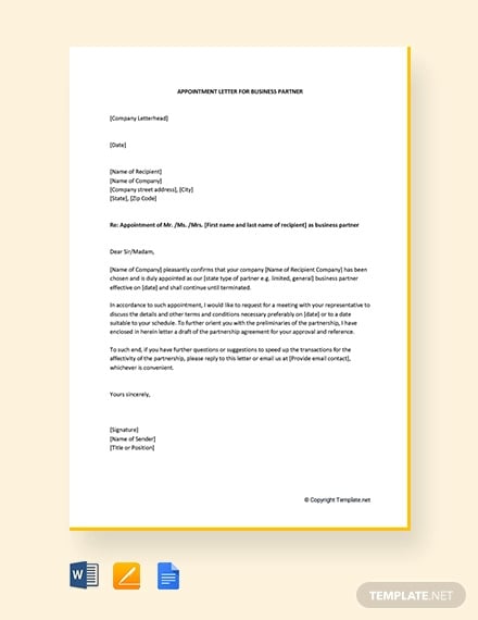 free appointment letter for business partner