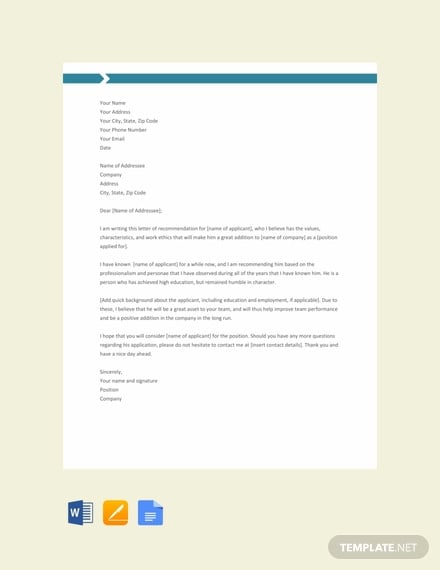 free basic recommendation letter template