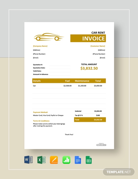 free car rental invoice template