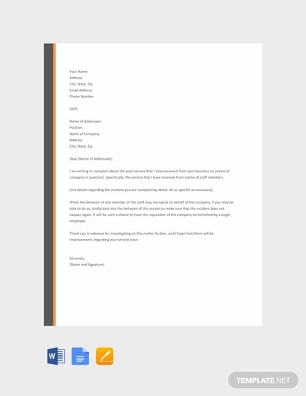 free complaint letter for poor service template