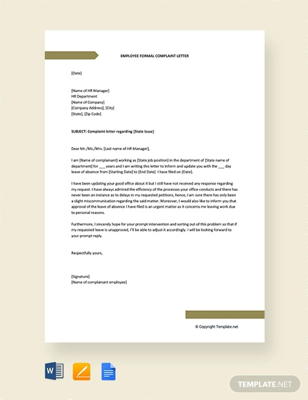 Lettre de plainte formelle gratuite pour un employé