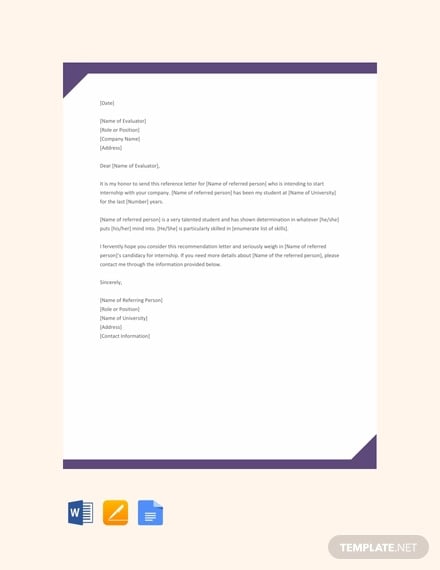 free internship reference letter template