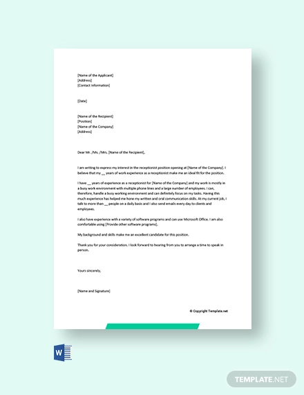 18+ Sample Job Application Letter for Receptionist