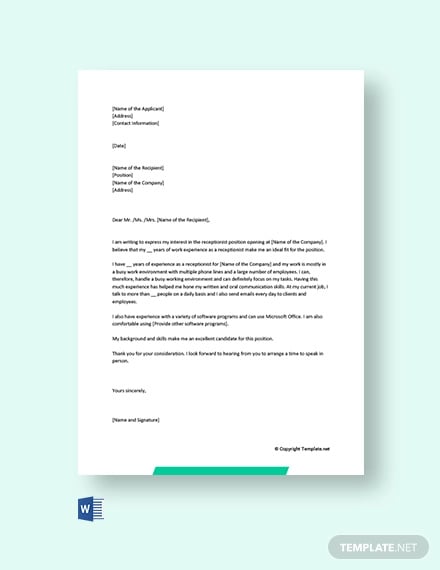 application letter for employment as a hotel receptionist