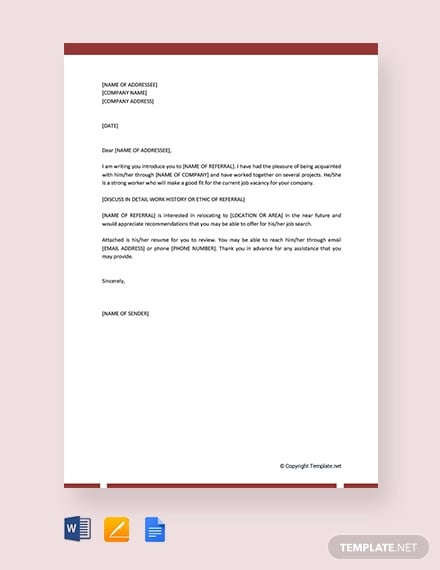 free letter of introduction for job referral