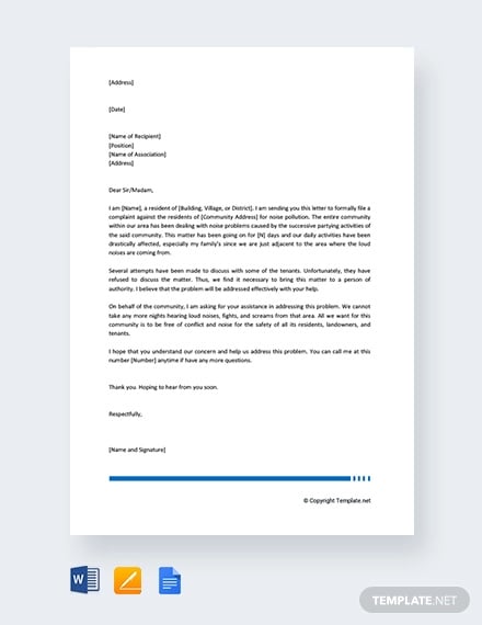 free noise complaint letter to council