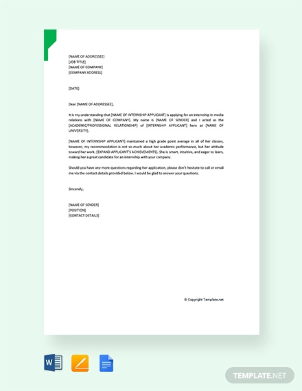 free reference letter for internship student