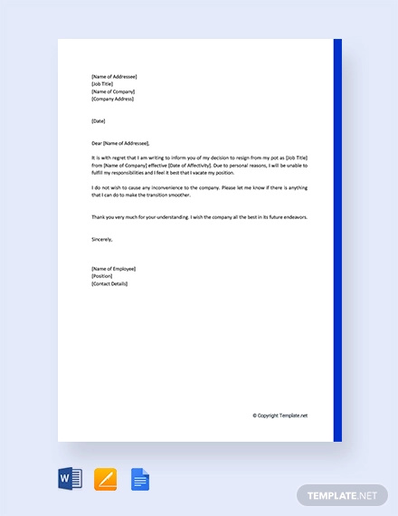 Sample Resignation Letter Due To Personal Reasons Database Letter