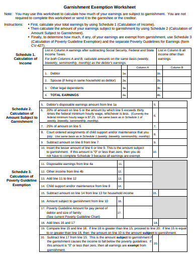 garnishment exemption worksheet template