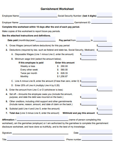 6+ Garnishment Worksheet Templates in PDF | XLS