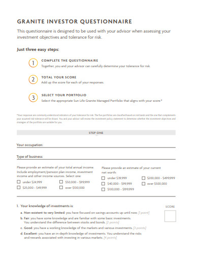 granite investor questionnaire template