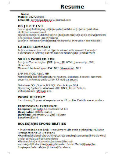 hr recruiter resume