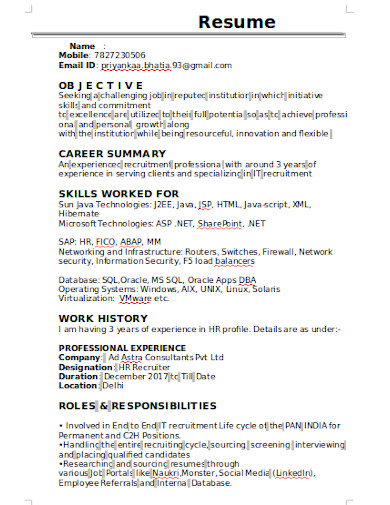 hr recruiter resume format download