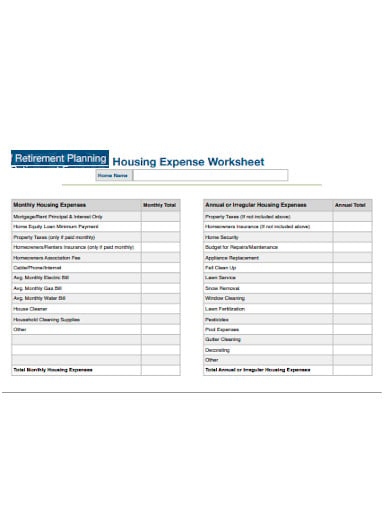 housing retirement expense worksheet