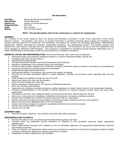 hr payroll recruiting coordinator job description template