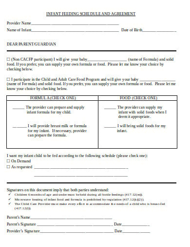 infant child care feeding agreement schedule template