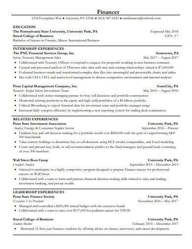 investment banking financer resume