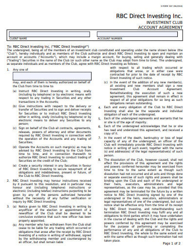 investment club account agreement template