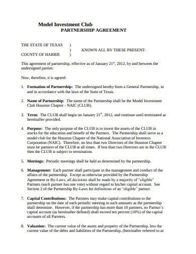 investment club partnership agreement contract template