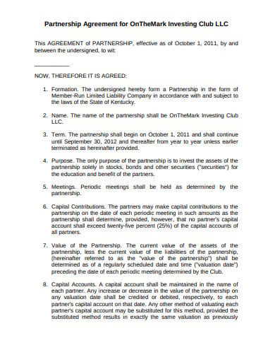 investment club partnership agreement template