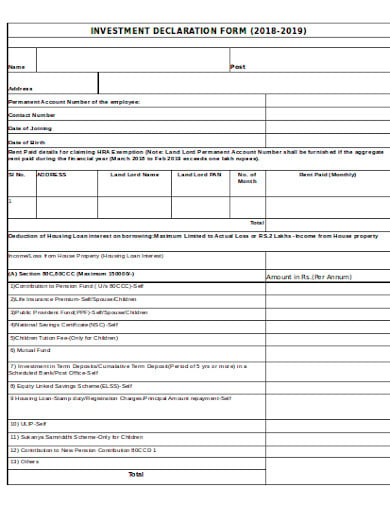 investment declaration form template