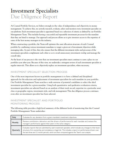 Financial Due Diligence Report Format In Word