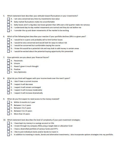 investment tolerance questionnaire template