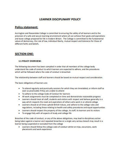 learner disciplinary policy statement
