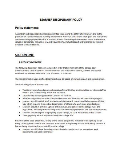 learner disciplinary policy statement