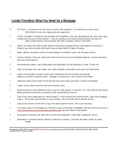 lender mortgage checklist example