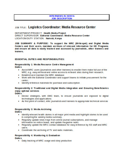 10 Logistics Coordinator Job Description Templates In PDF MS Word